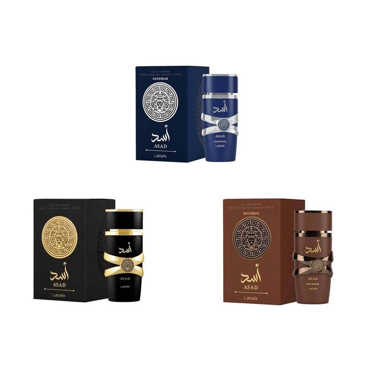 Asad, Asad Zanzibar & Asad Bourbon by Lattafa EDP 3.4 oz – 3 Piece Combo Pack for Men Asad, Asad Zanzibar & Asad Bourbon by Lattafa EDP 3.4 oz – 3 Piece Combo Pack for Men
