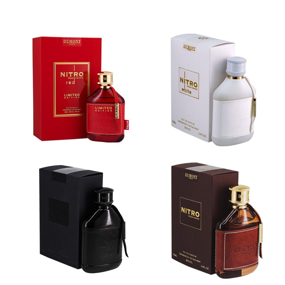 Nitro Red, Nitro White, Nitro Intense & Nitro Pour Homme by Dumont EDP 3.4 oz Combo Pack for Men Nitro Red, Nitro White, Nitro Intense & Nitro Pour Homme by Dumont EDP 3.4 oz Combo Pack for Men