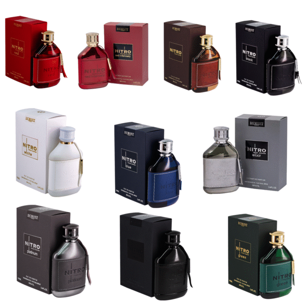 Nitro Red, Nitro Red Intense, Nitro Pour Homme, Nitro Black, Nitro White, Nitro Blue, Nitro Elixir, Nitro Platinum, Nitro Intense & Nitro Green by Dumont EDP 3.4 oz for Men