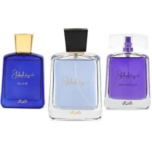 Shuhrah Sensuelle for Women & Shuhrah Elixir for Men & Shuhrah Pour Homme for Men EDP Spray 3 oz Combo Pack by Rasasi
