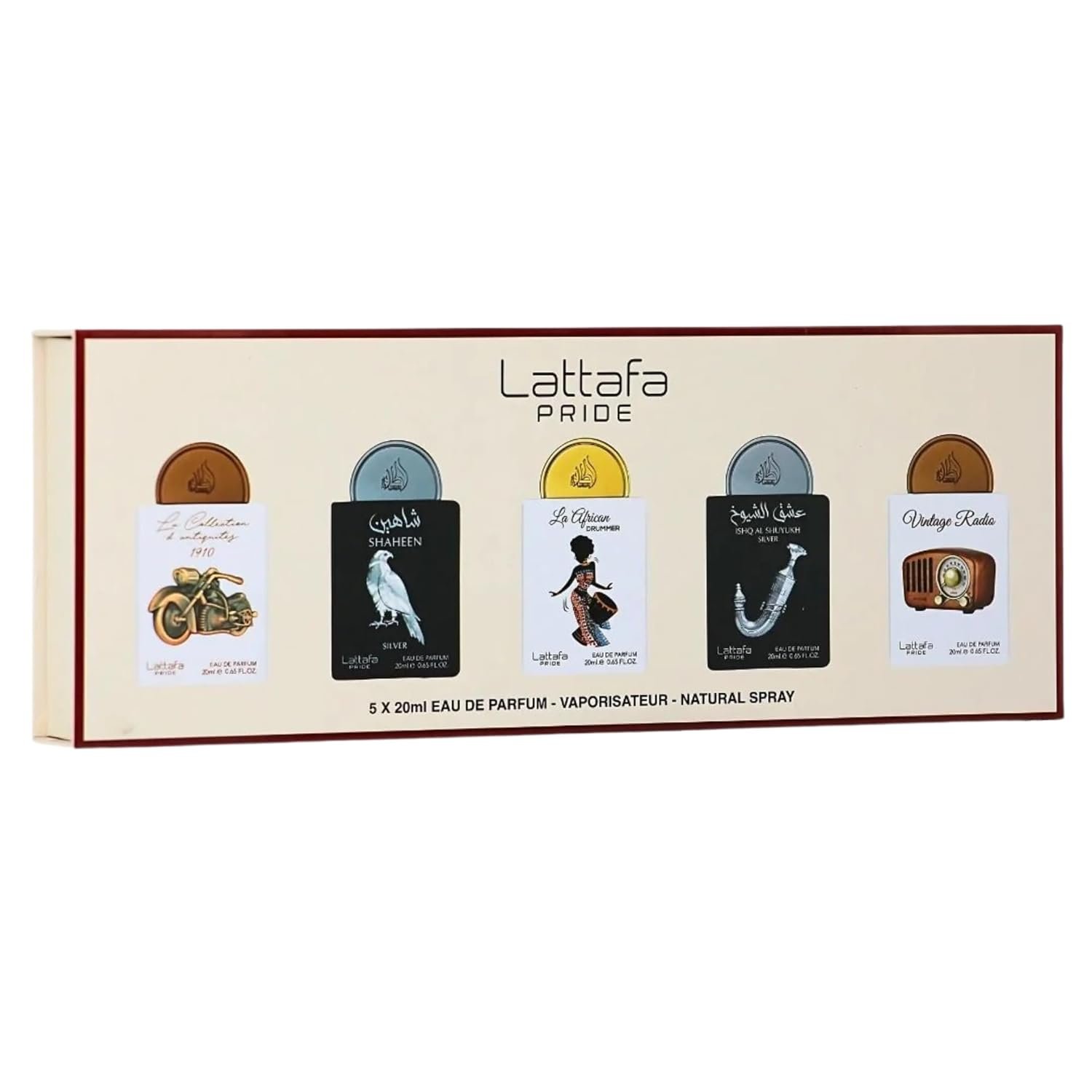 Lattafa Pride Gift Set Collection No.5 4x20ml EDP – BIKE 1910,SHAHEEN SILVER,AFRICAN DRUMMER,SHUYUKH SILVER,VINTAGE RADIO